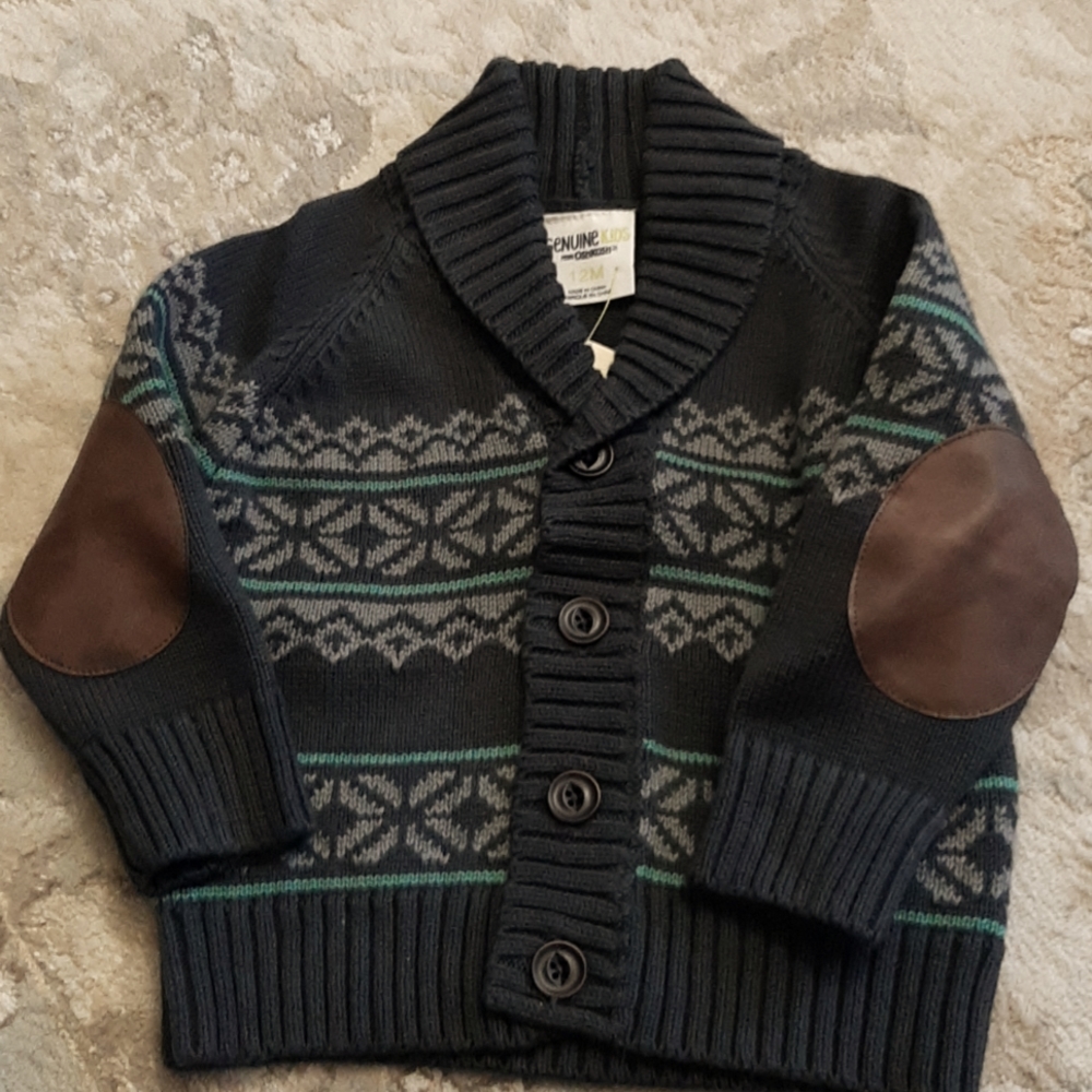 NWT Toddler Baby Boy Button Up Fairisle Print Grey, LS Sweater, 12 Months